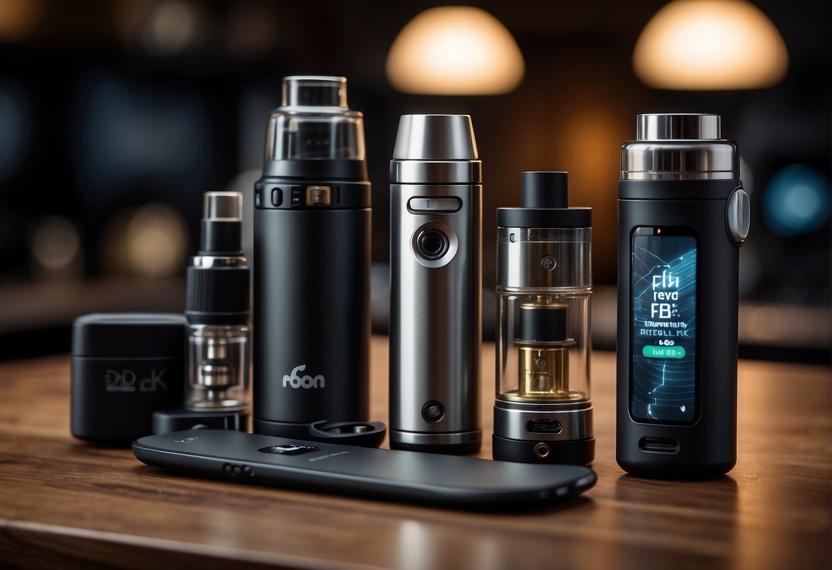 A table with various refillable pod vape devices arranged neatly with UK branding in the background