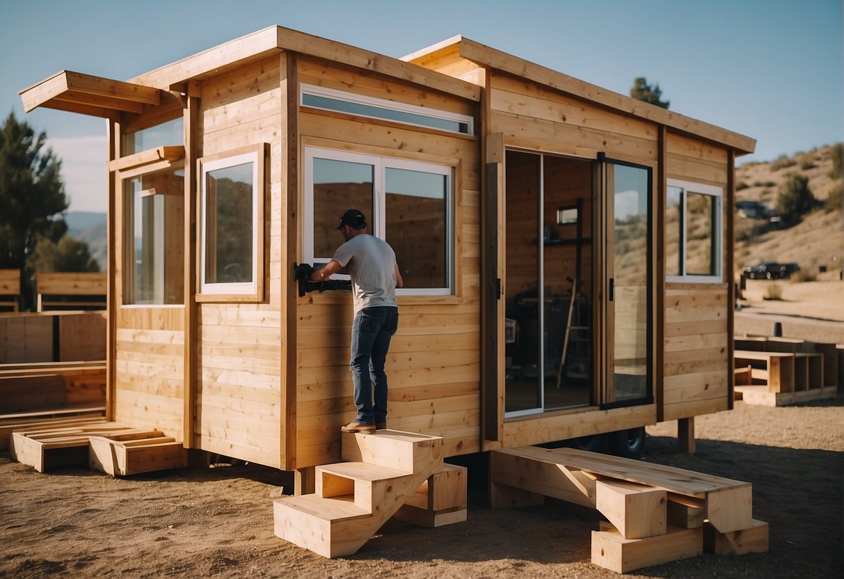 Tiny home builders construct in California, using tools and materials to create a small, modern dwelling