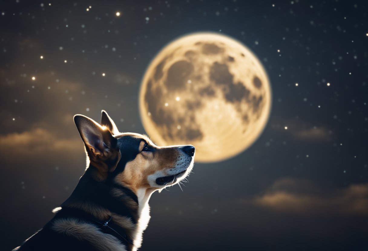 A dog howls at the moon, surrounded by swirling mystical energy, symbolizing the supernatural spiritual meaning of dog howling