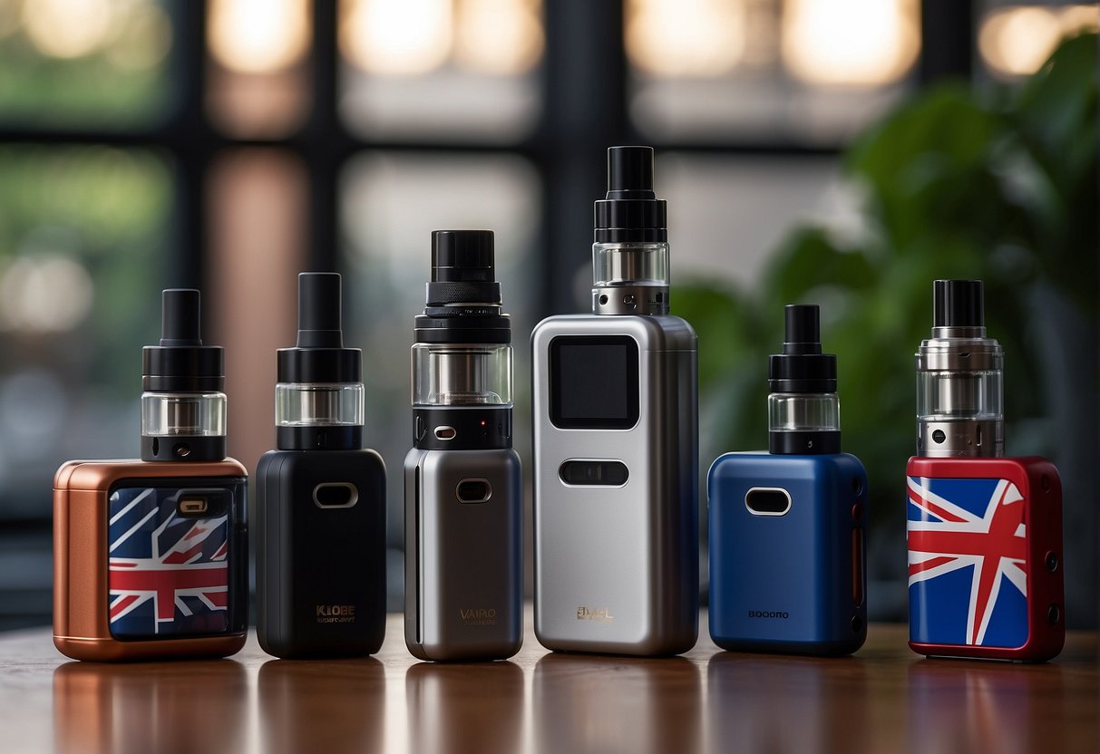 A table with various refillable pod vape kits arranged neatly, UK flag in the background, showcasing top devices for illustration