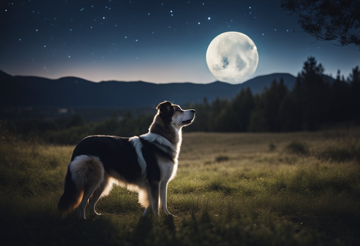 A lone dog stands under a full moon, head tilted back, howling with eyes closed, surrounded by a peaceful nighttime landscape