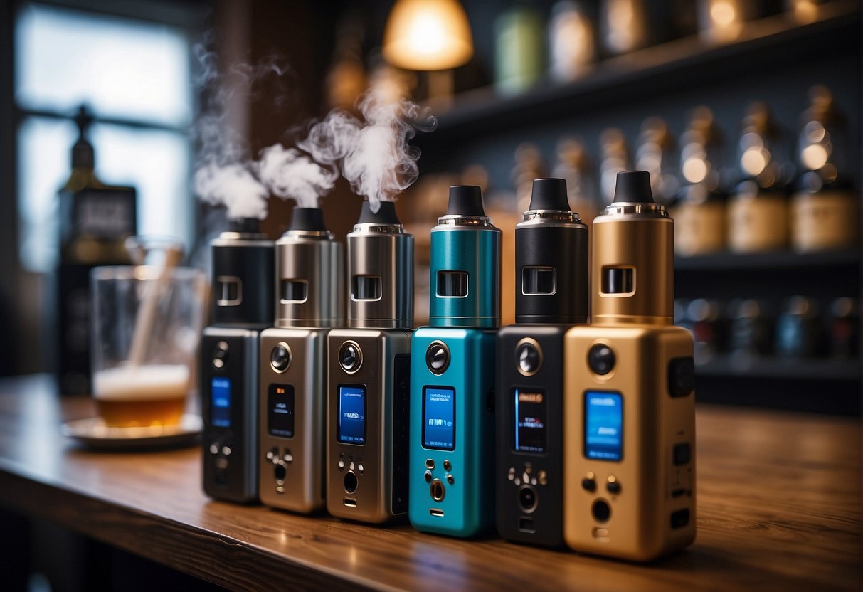 A table with various refillable pod vape devices, surrounded by clouds of vapor in a cozy vape shop in the UK