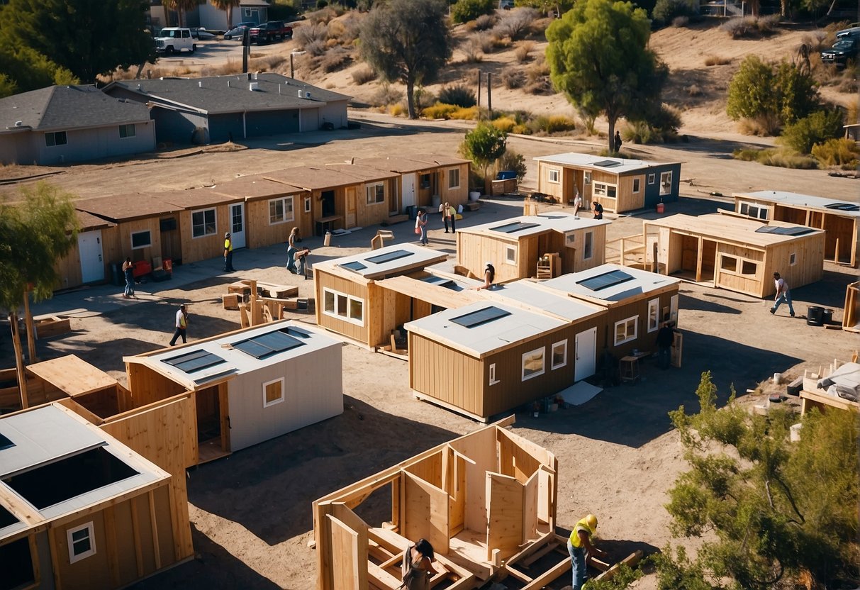 A group of tiny homes being constructed in a sunny California neighborhood, with builders working on the structures and materials scattered around the site