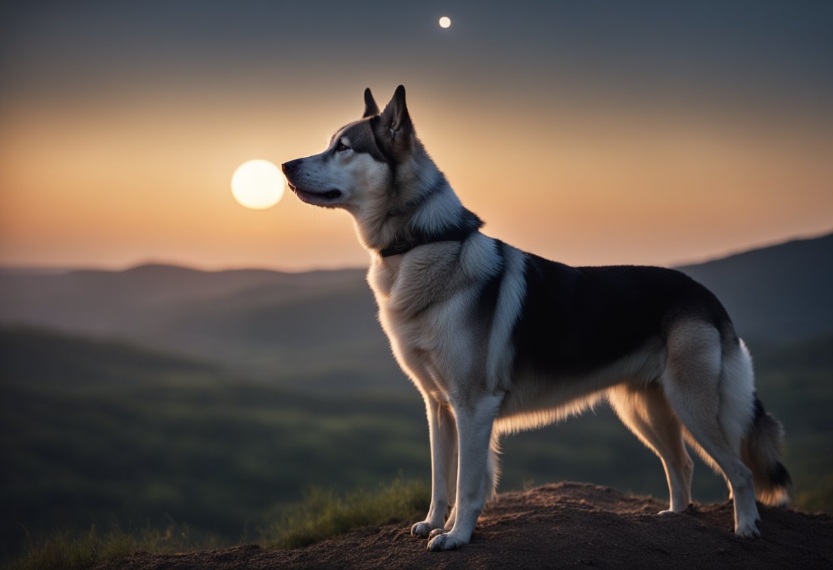A lone dog stands on a hill, head tilted back, eyes closed, and howling at the moon, conveying a sense of longing, connection, and spiritual significance