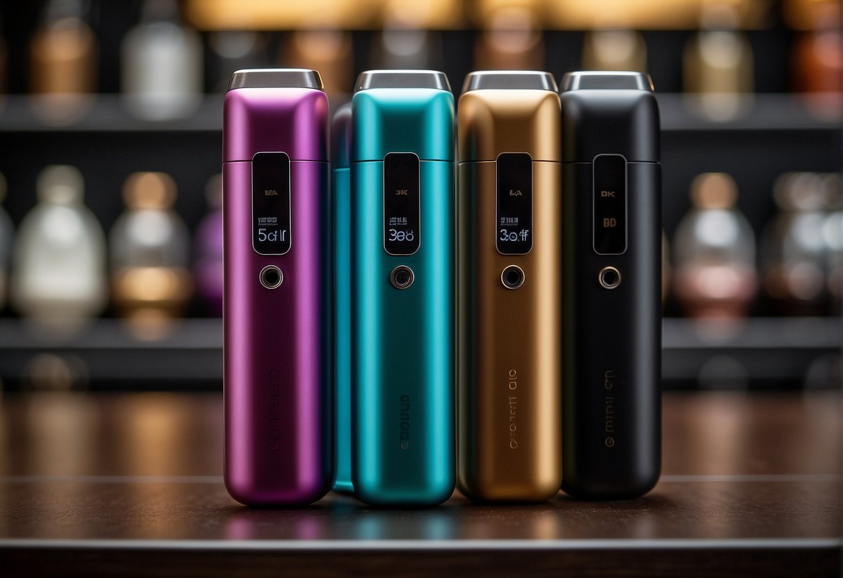 A variety of refillable pod vape devices are displayed on a shelf, with different colors and sizes. The packaging showcases the features and benefits of each product