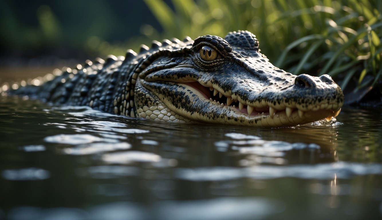 A crocodile lurks in murky water, its eyes fixed on potential prey.

The riverbank is lined with dense vegetation, creating a perfect hunting ground for the powerful reptile