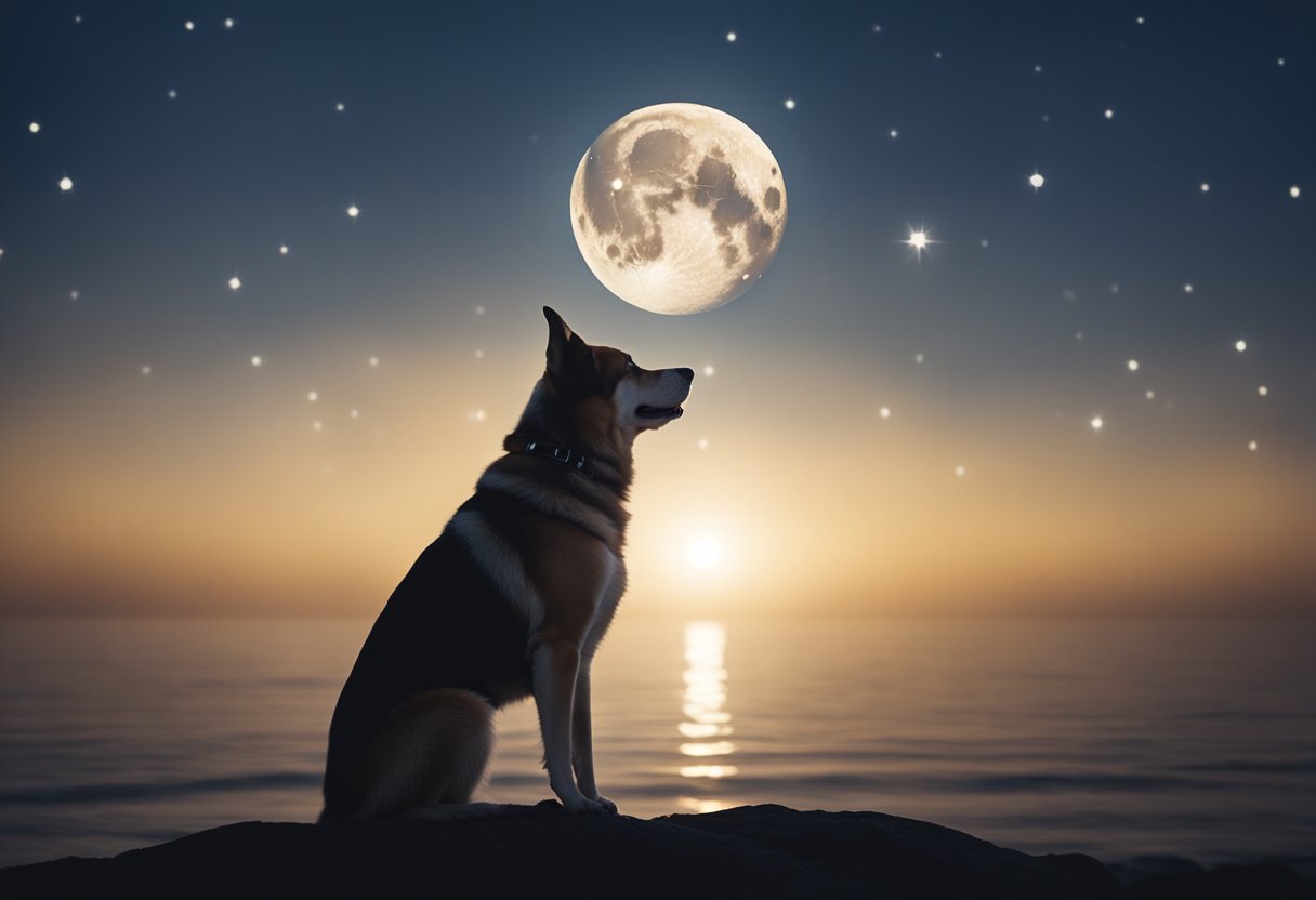 A dog stands with head raised, howling at the moon, expressing spiritual connection and longing