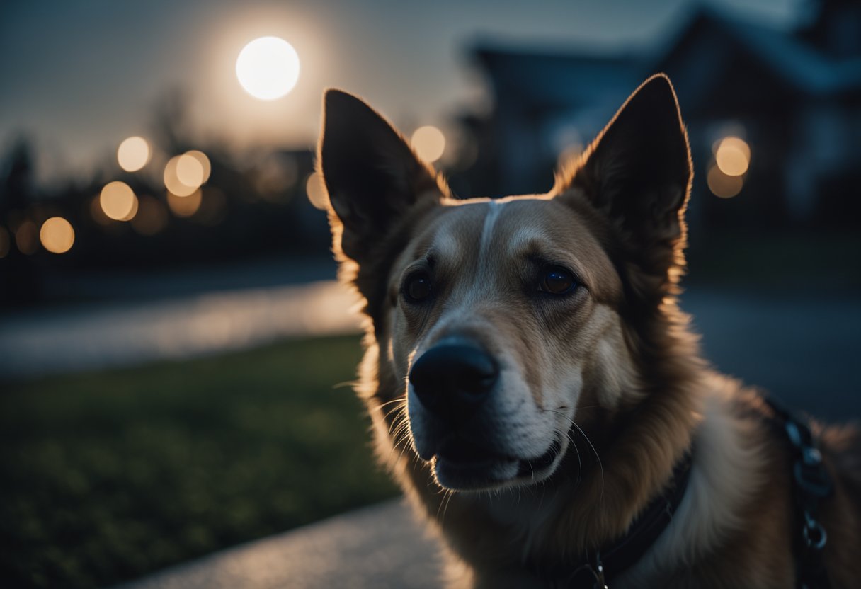 A lone dog howls under a full moon, its mournful cry echoing through the night, stirring a sense of connection and collective emotion in the surrounding community