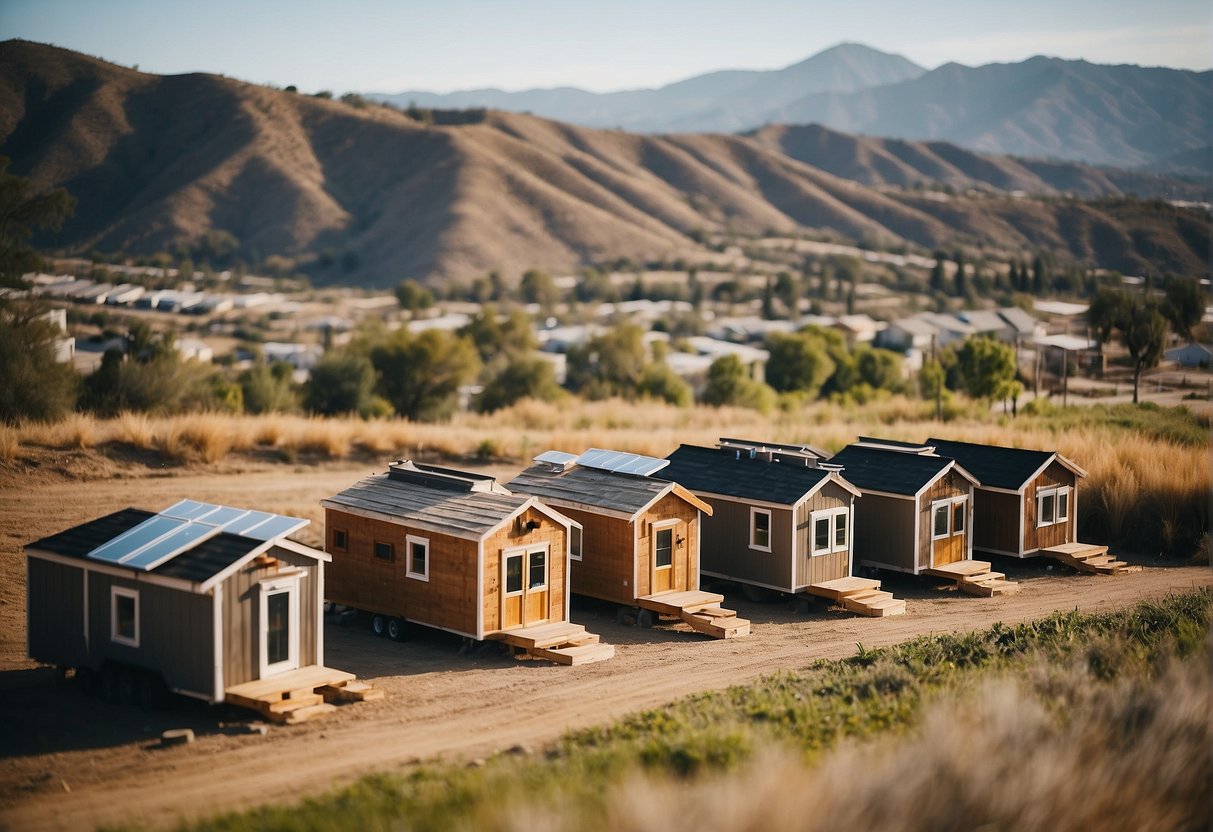 A group of tiny homes being constructed in a sunny California landscape