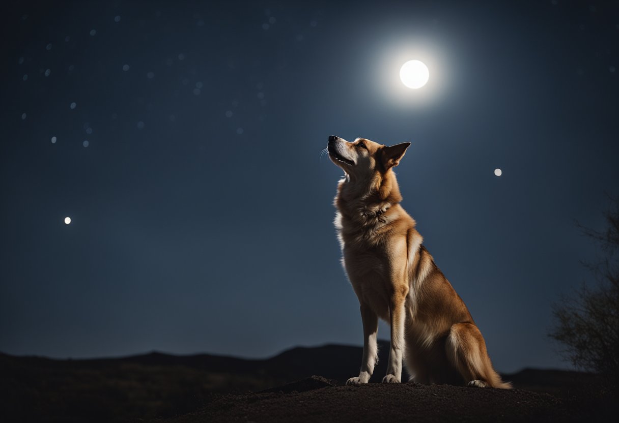 A lone dog stands under a full moon, head tilted back, emitting a long, mournful howl. The surrounding landscape is dark and desolate, emphasizing the spiritual significance of the dog's cry