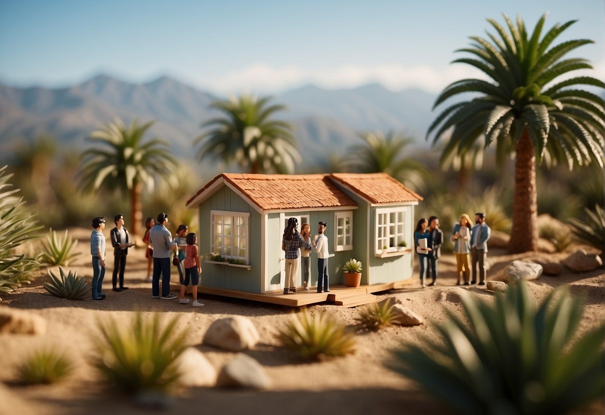 A group of people gather around a tiny home model, pointing and discussing. A California landscape serves as the backdrop, with palm trees and a sunny sky