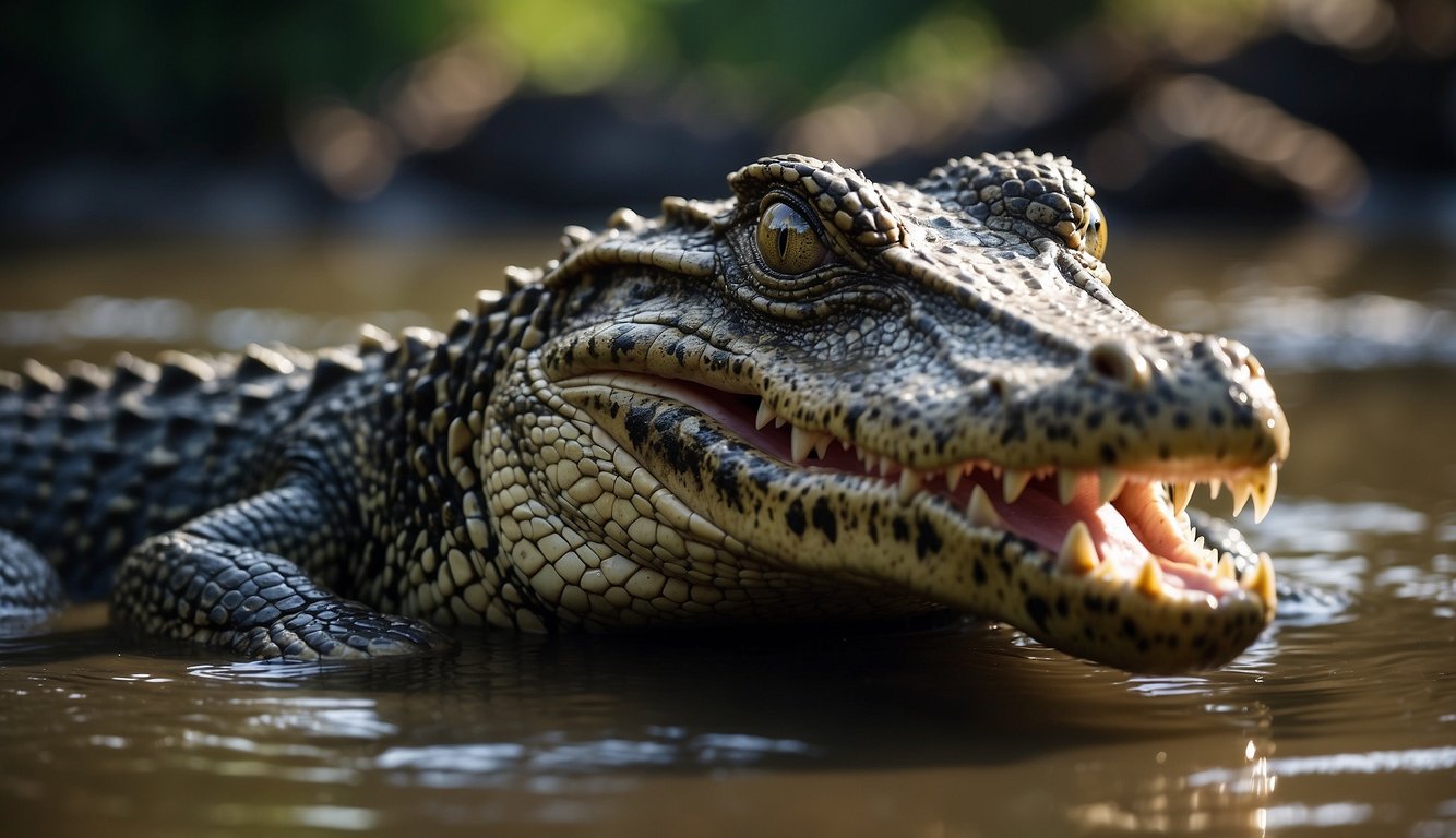Crocodiles lurk in murky waters, their scaly bodies blending with the muddy riverbed.

Sharp eyes peer above the surface, while powerful jaws await their next prey
