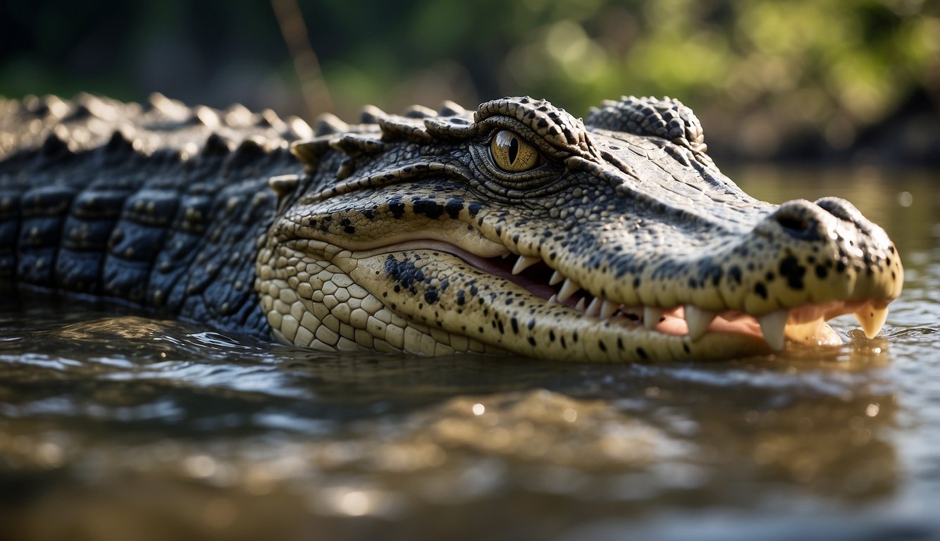 A crocodile stealthily stalks its prey along the riverbank, ready to ambush with lightning speed.

Its powerful jaws and sharp teeth are perfectly adapted for catching fish and other aquatic creatures