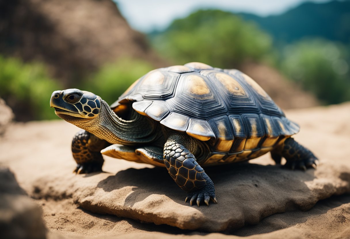 A tortoise stands atop a sacred mound, surrounded by ancient symbols and artifacts, representing its spiritual significance in the culture's history