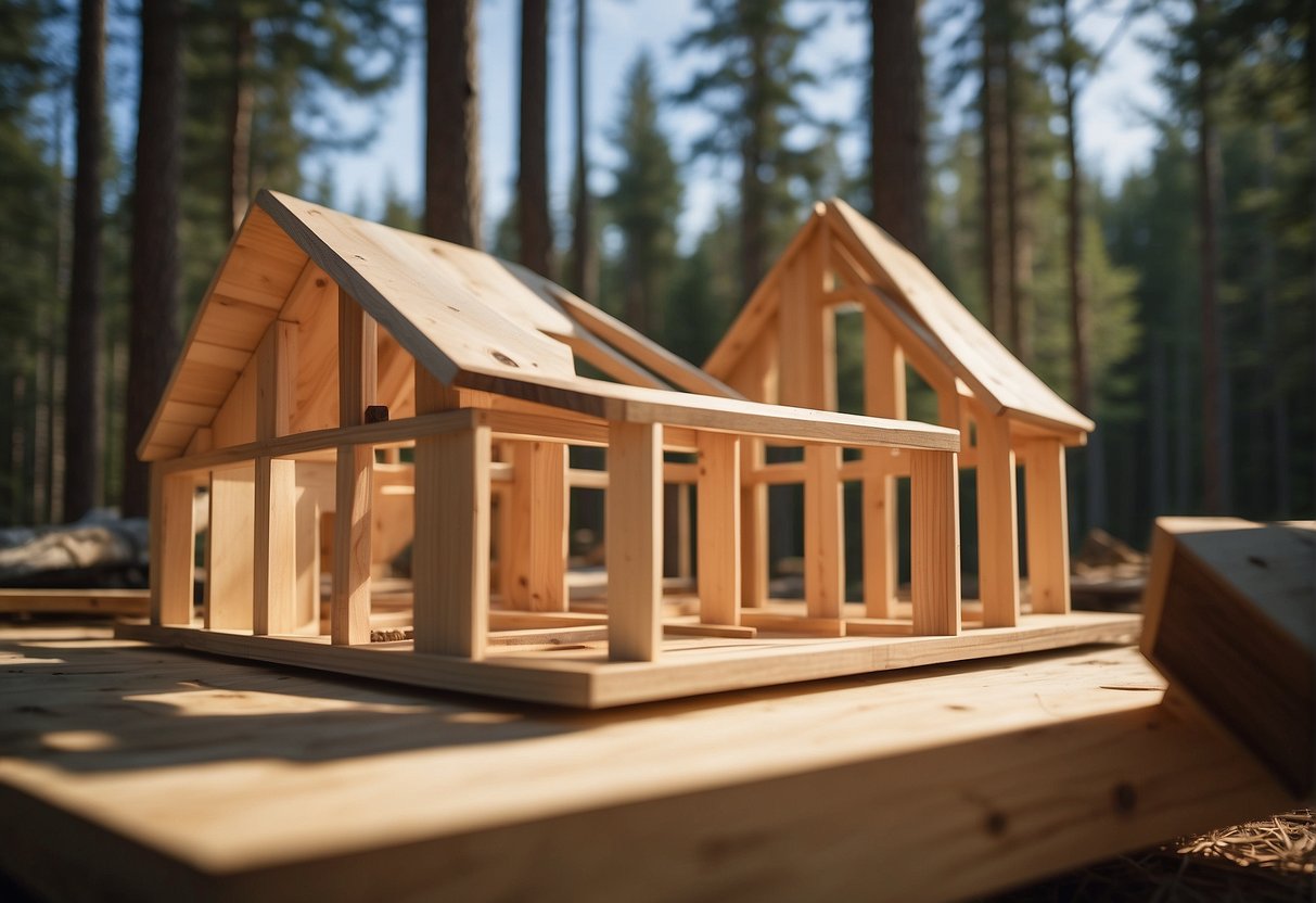 Tiny home builders construct wooden frames under a clear blue sky in a Canadian forest clearing. The sun filters through the trees, casting dappled light on the work in progress