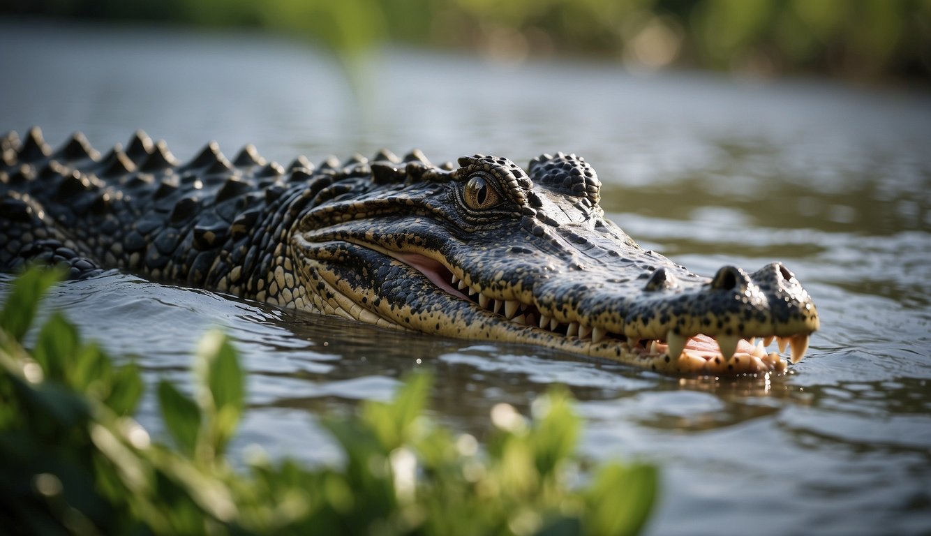 A crocodile lurks in the murky river, its powerful jaws open wide as it hunts for prey.

Lush green vegetation lines the riverbanks, while birds and other wildlife cautiously observe the fearsome predator from a safe distance