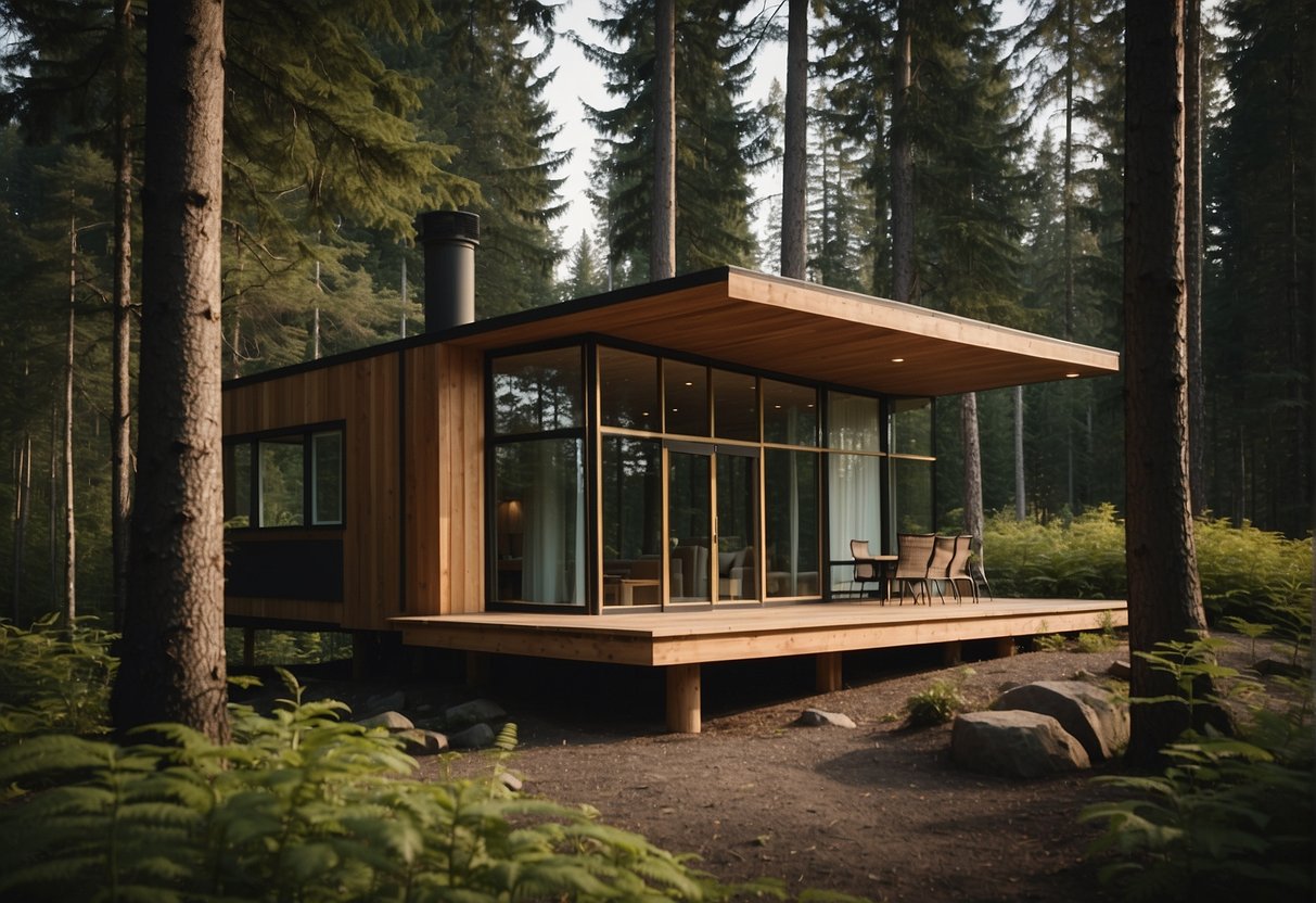 A tiny home sits nestled in a Canadian forest, surrounded by tall trees and a serene natural landscape. The compact structure showcases efficient design and sustainable living principles