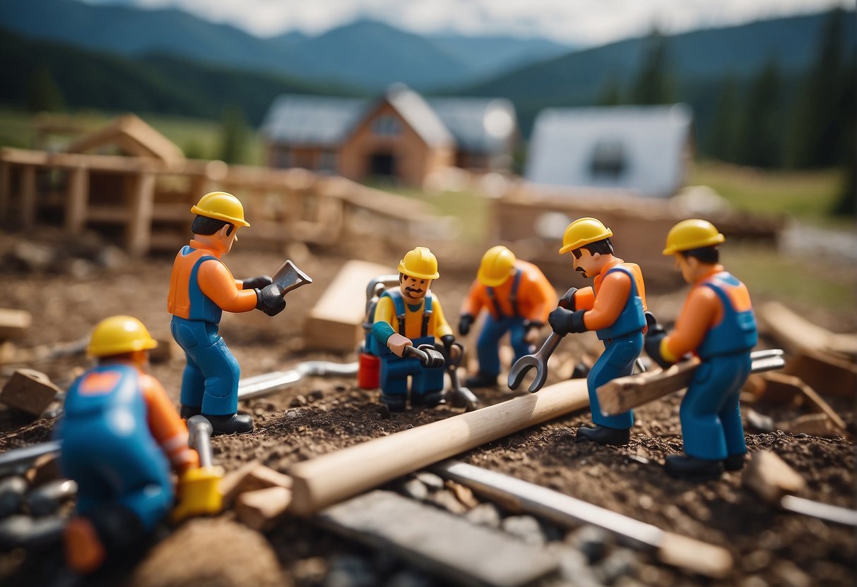 A group of builders construct a tiny home in a Canadian landscape, with tools and materials scattered around the work site