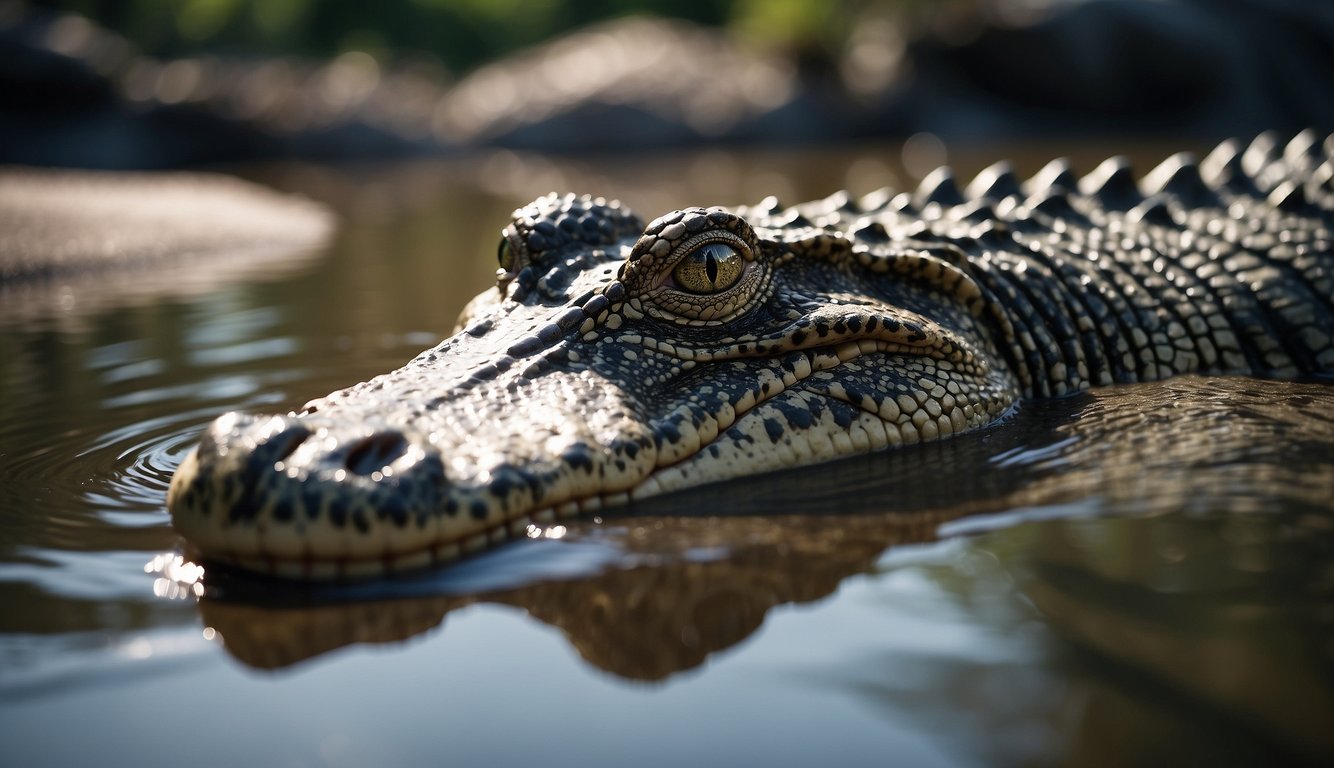 A crocodile lurks in a murky river, its eyes fixed on potential prey.

The water ripples as it silently glides, showcasing its powerful and stealthy hunting abilities