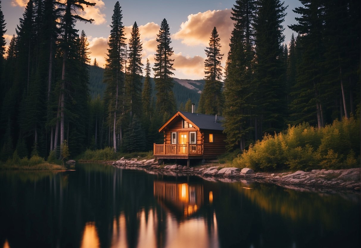 A cozy tiny home nestled in the Canadian wilderness, surrounded by tall pine trees and a serene lake, with a warm glow emanating from the windows