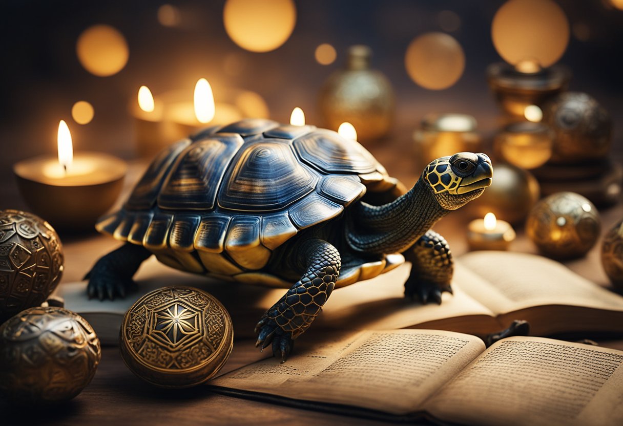 A tortoise surrounded by symbols of wisdom and spirituality, such as ancient texts and glowing orbs, representing the spiritual significance of tortoise-related dreams