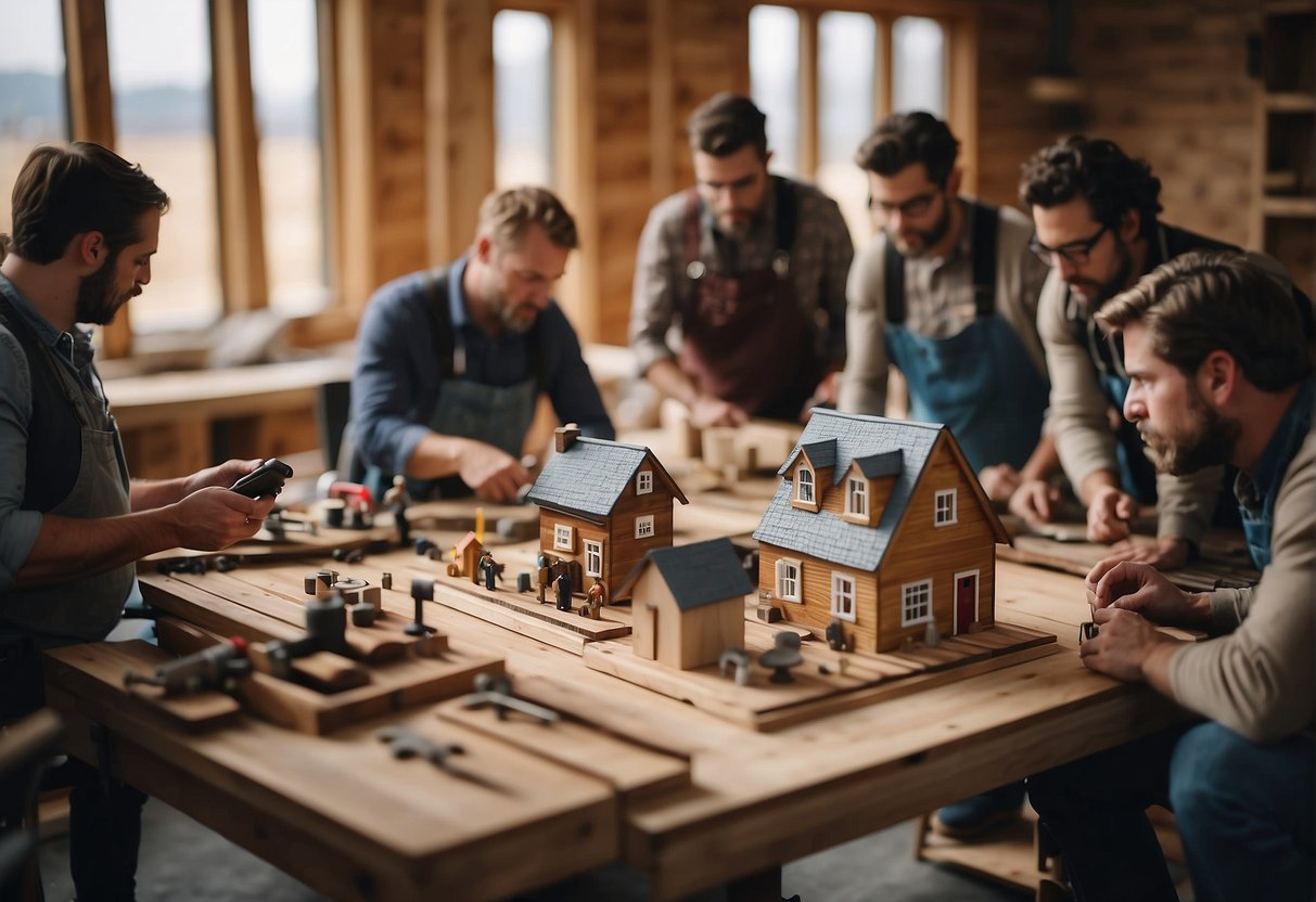 A group of tiny home builders in Canada answering questions in a workshop setting with tools and materials scattered around