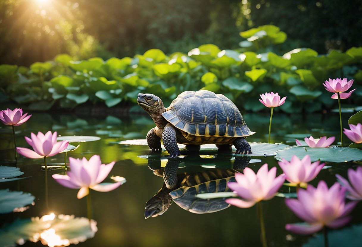 A tortoise with a serene expression sits atop a bed of flowing water, surrounded by lush greenery and blooming lotus flowers. The sun shines down, casting a warm, peaceful glow over the scene