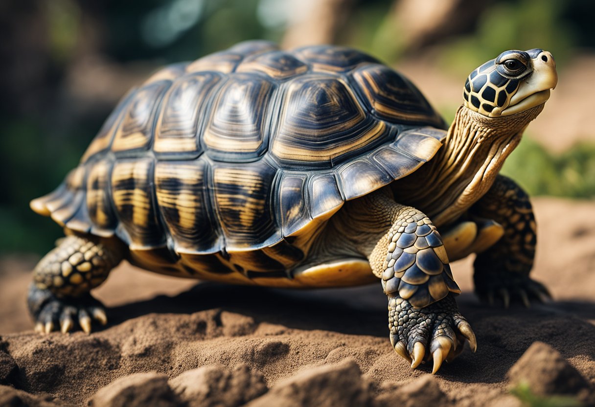 A tortoise stands strong, representing patience and wisdom. Its shell is adorned with intricate patterns, symbolizing the journey of life