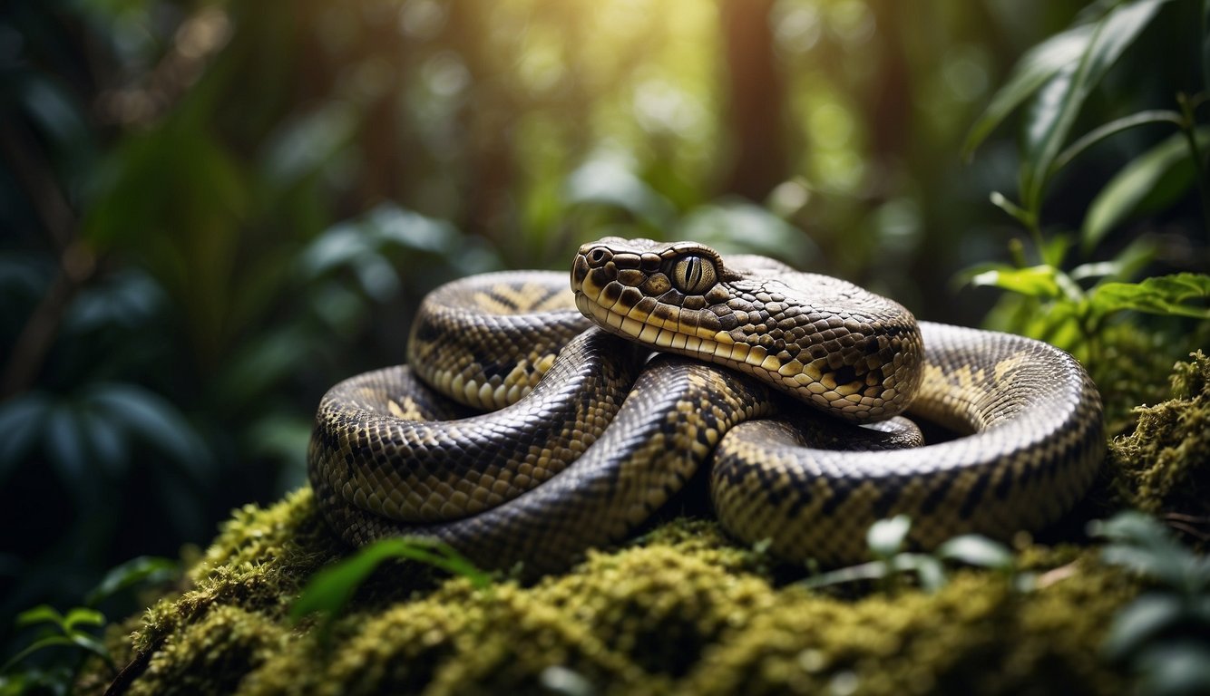 A massive python slithers through a dense jungle, its powerful body coiled and ready to strike.

The vibrant colors and intricate patterns of its scales glisten in the sunlight, showcasing the awe-inspiring beauty of this majestic creature