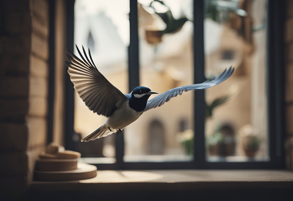 A bird flies into a window, surrounded by symbolic cultural elements