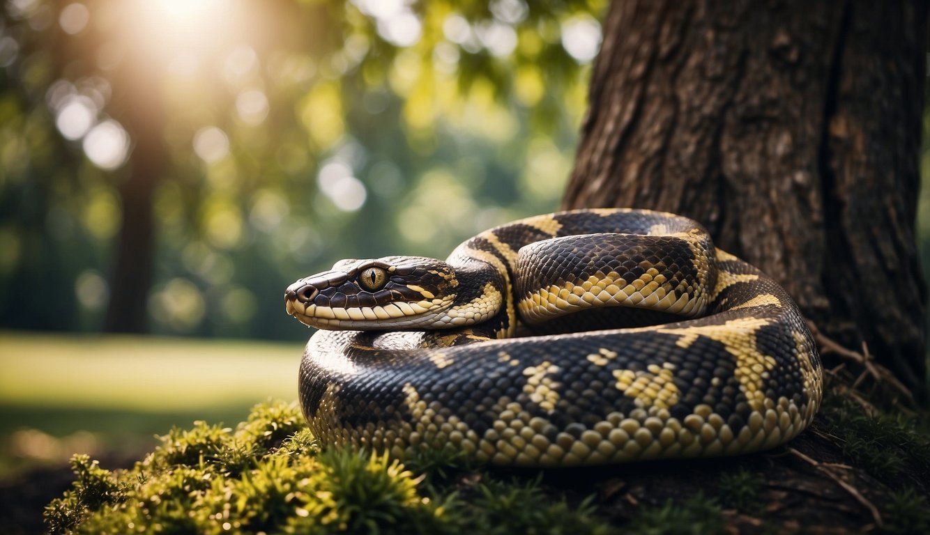 A massive python coils around a tree, its scales glistening in the sunlight.

Its powerful body and intense gaze exude a sense of mystery and wonder