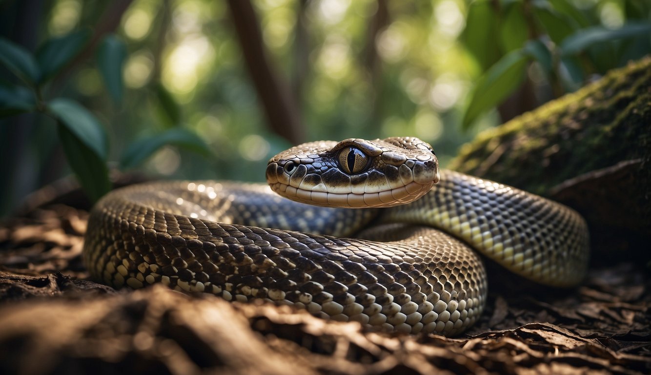 A massive python coils around a tree, its scales glistening in the sunlight.

It surveys the jungle with its piercing eyes, a symbol of power and grace in its natural habitat