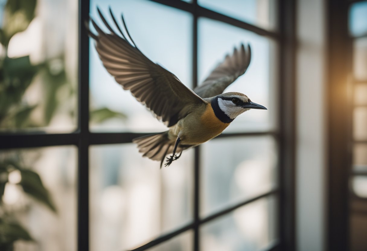 A bird flies into a window, symbolizing spiritual significance