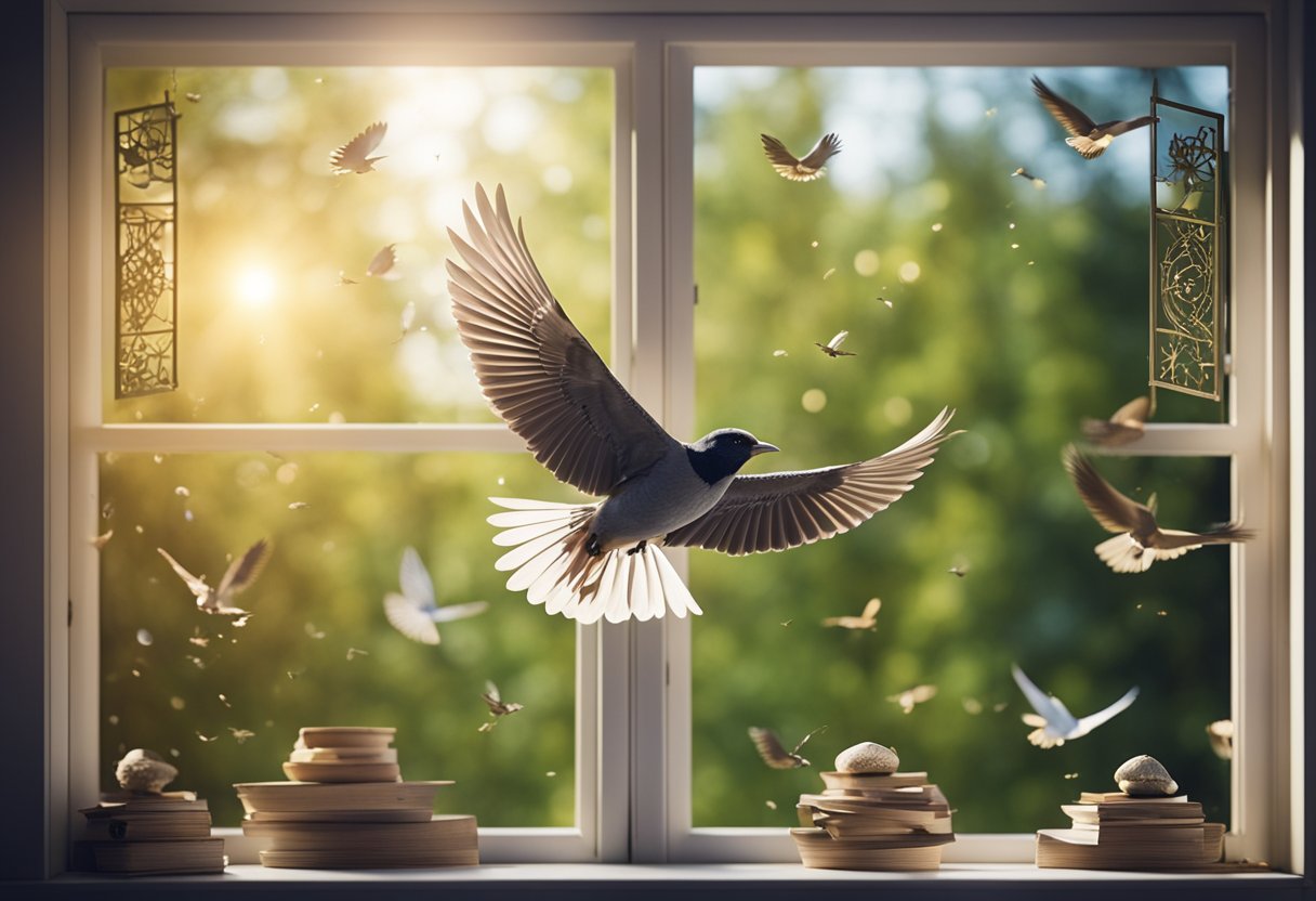 A bird flies into a window, surrounded by symbols of intuition and personal beliefs