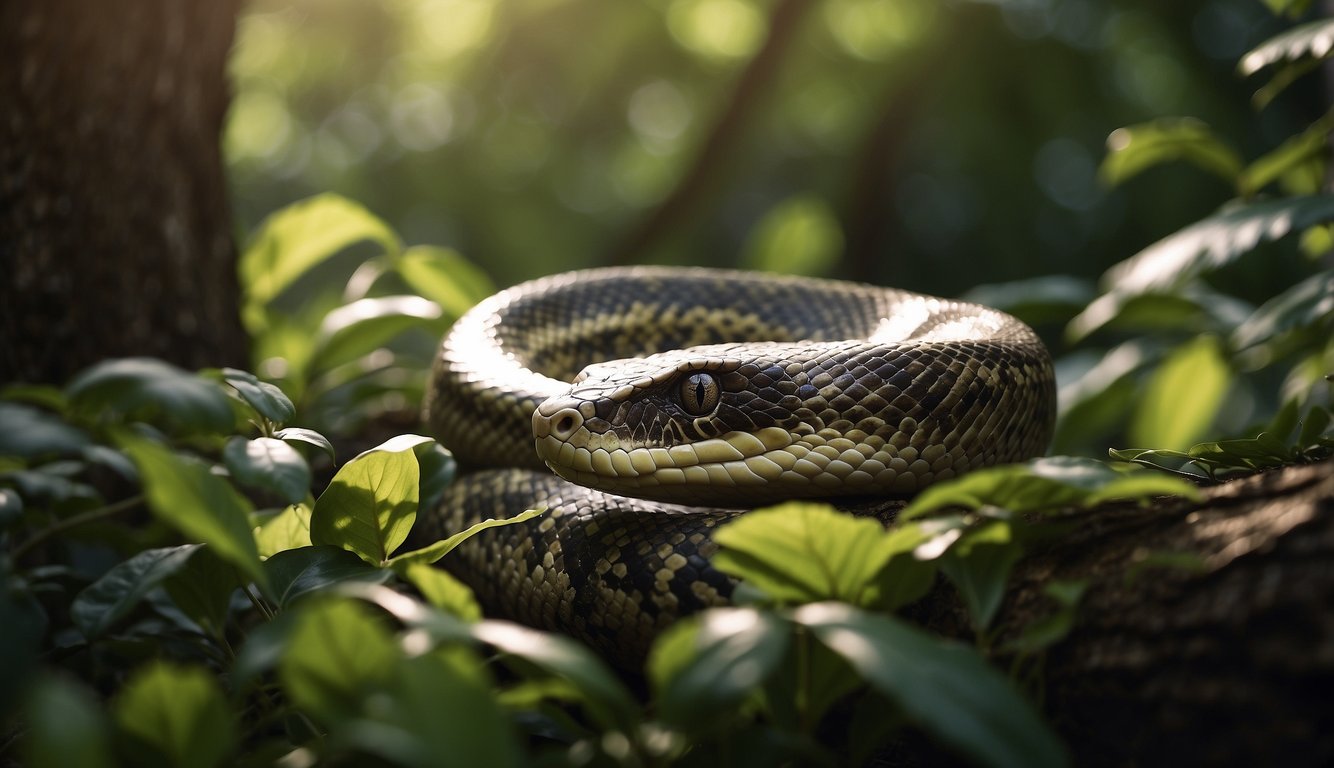 A giant python slithers through dense jungle foliage, coiled around a massive tree trunk, its scales glistening in the dappled sunlight
