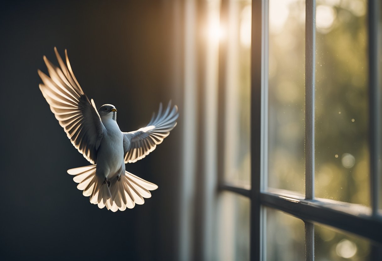 A bird flies into a closed window, symbolizing the clash between physical and spiritual realms
