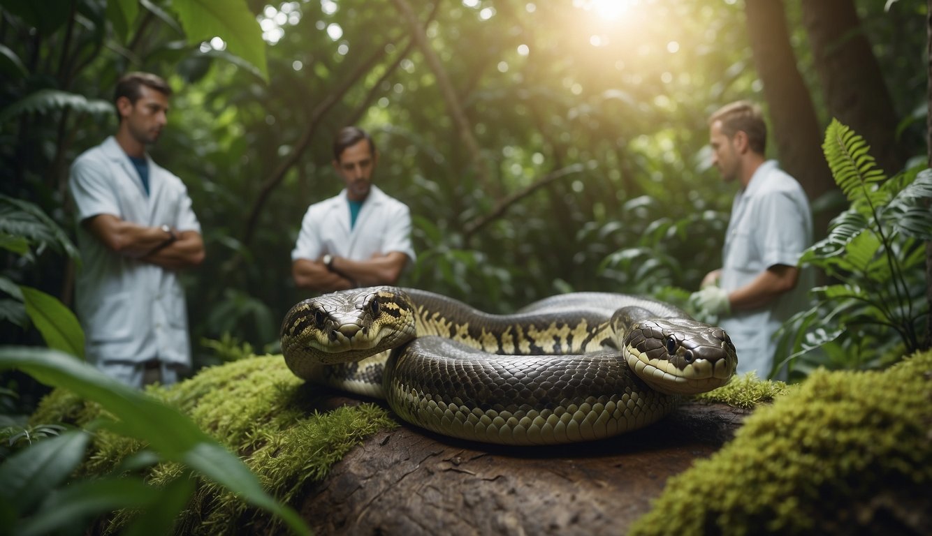 A group of scientists carefully observe and measure a giant python in its natural habitat, surrounded by lush greenery and wildlife