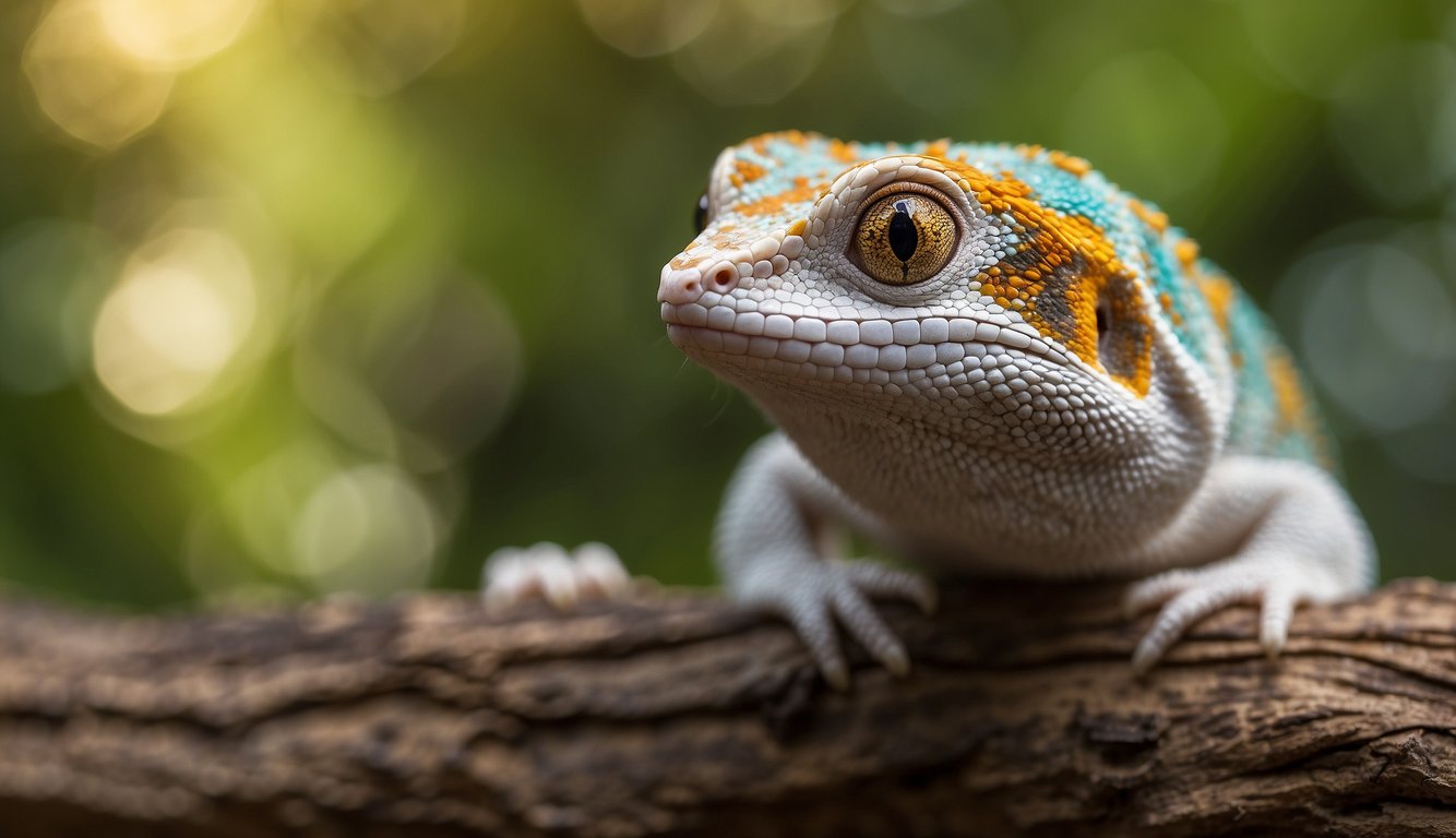 A colorful gecko perched on a tree branch, its vibrant scales shimmering in the sunlight.

Its long tail curled gracefully as it gazes curiously at its surroundings
