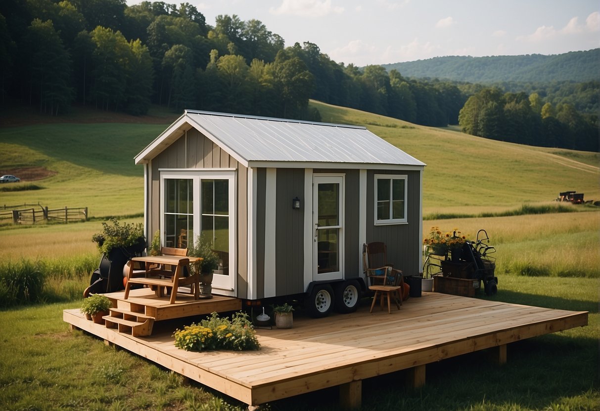 Tiny home builders construct in rural Virginia, surrounded by rolling hills and lush greenery