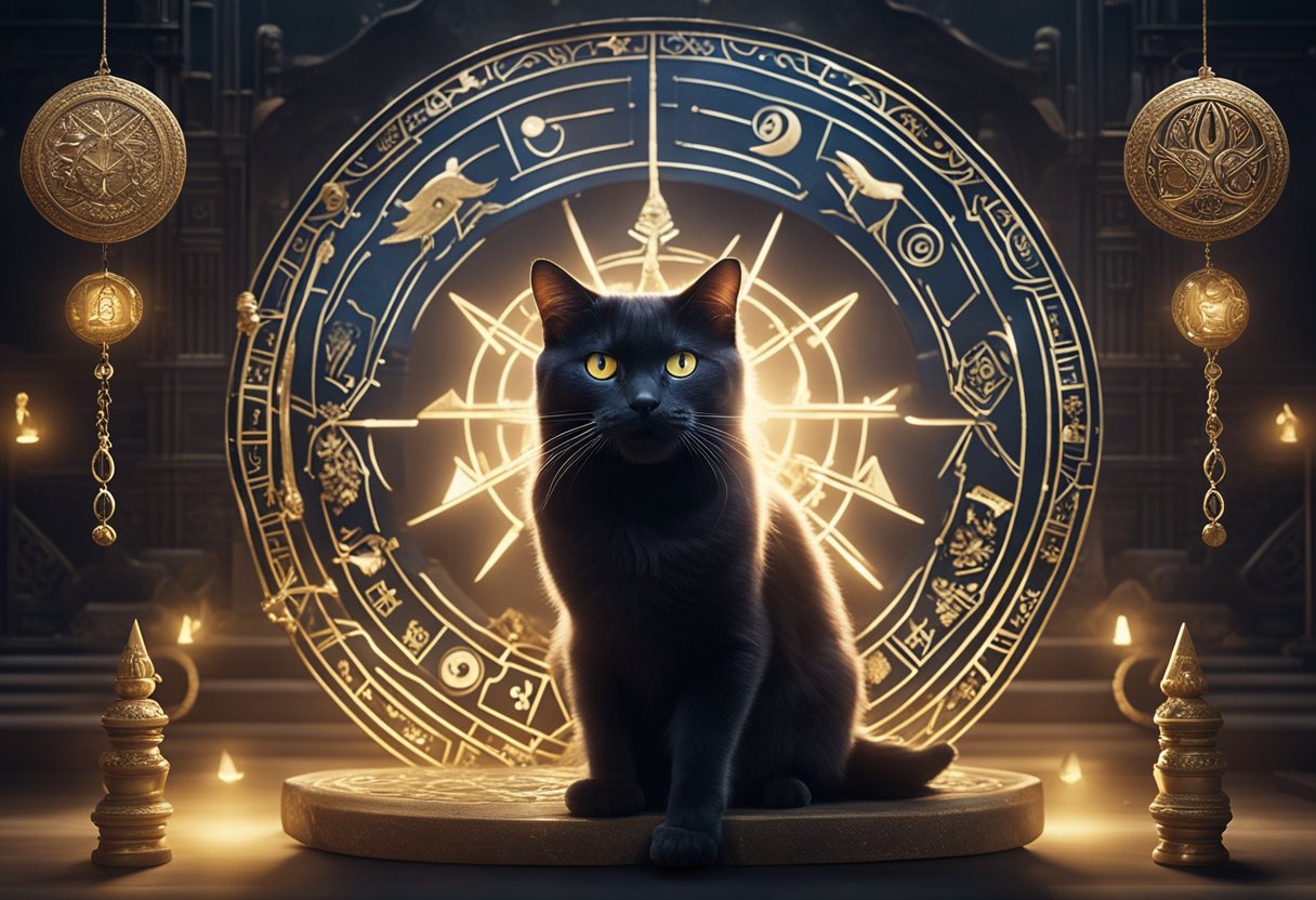 A cat with glowing eyes bites a dreamer's ankle, surrounded by ancient symbols and mystical energy