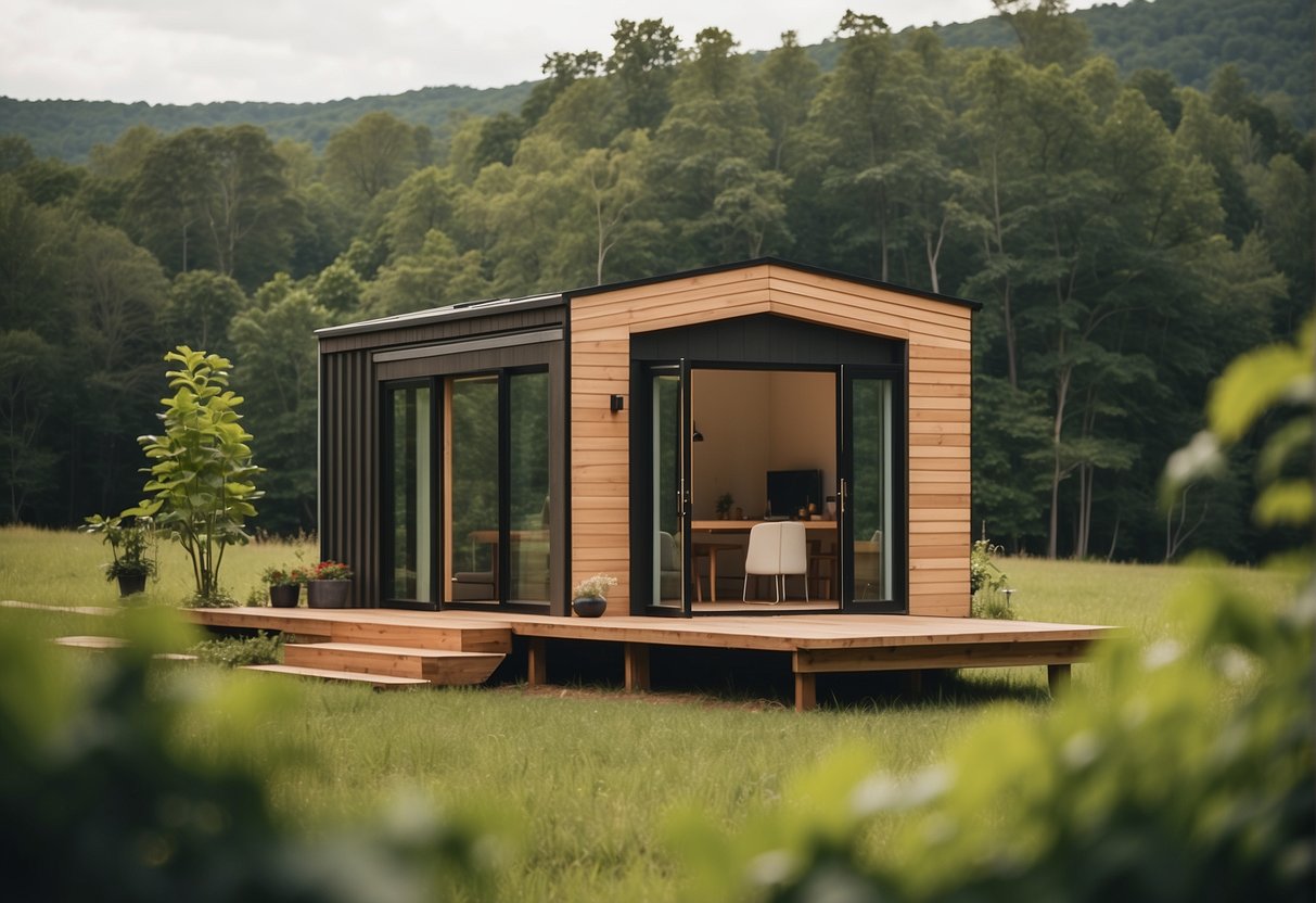 A tiny home builder in central Virginia constructs a small, sustainable dwelling with a modern design, surrounded by lush greenery and rolling hills