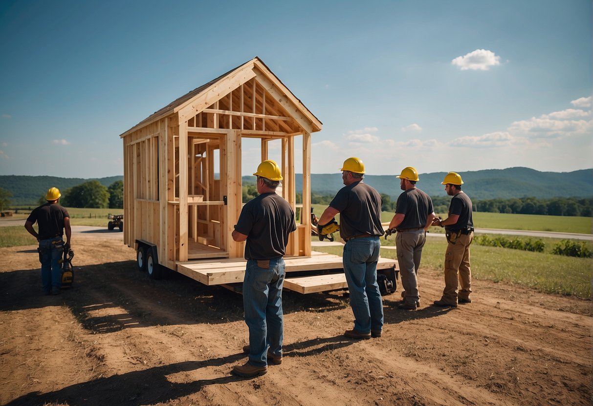 A group of builders construct a tiny home in central Virginia, using power tools and materials, with a backdrop of rolling hills and blue skies