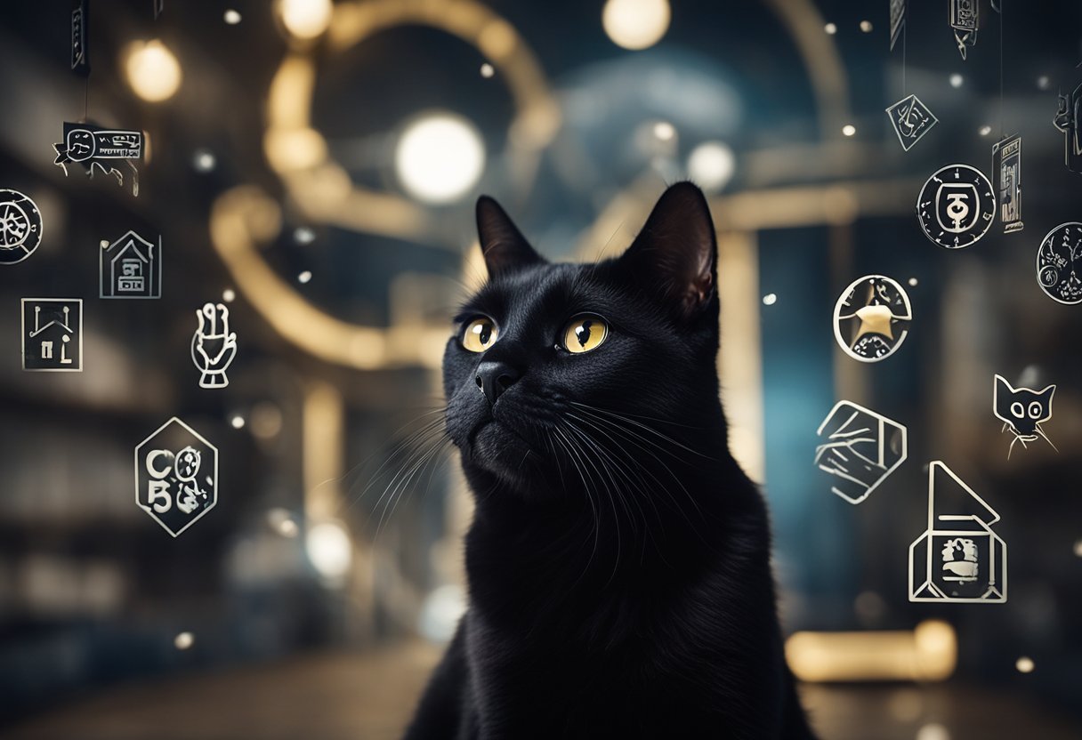 A black cat bites a hand in a dream, surrounded by warning signs and ominous symbols, hinting at future spiritual implications
