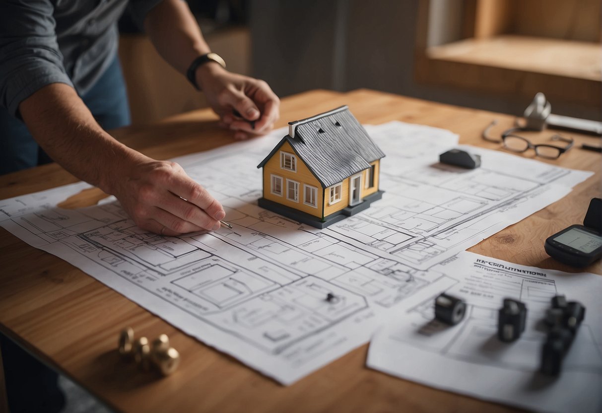 Tiny home builders in central Virginia discuss costs and financing options. Materials and blueprints are spread out on a table as builders calculate expenses