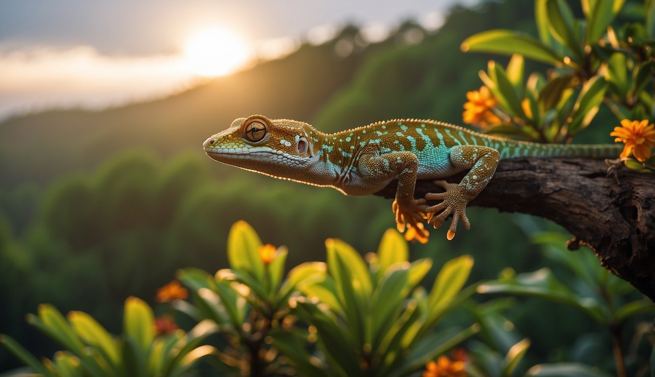 A gecko perches on a tree branch in a lush rainforest, surrounded by vibrant green leaves and colorful flowers.

In the distance, the sun sets over a sandy desert dune, where another gecko scurries across the warm sand