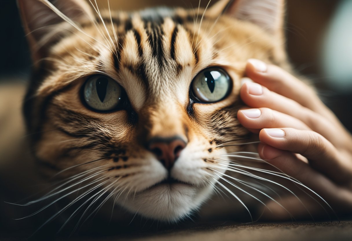 A cat biting a hand in a dream, with intense eyes and a sense of power and mystery