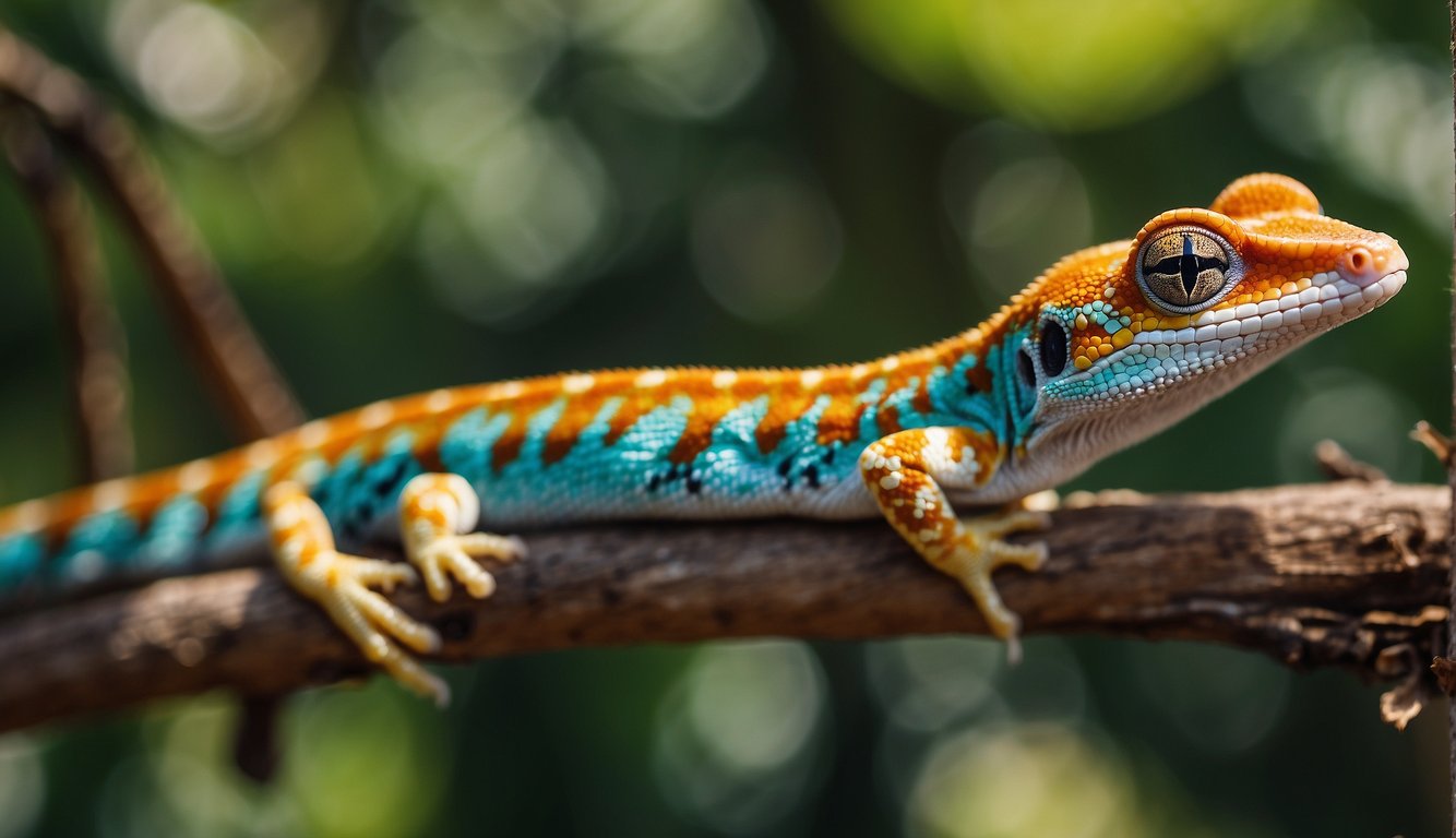 A colorful gecko perches on a branch, its vibrant scales shimmering in the sunlight.

It looks curiously at a small insect crawling nearby