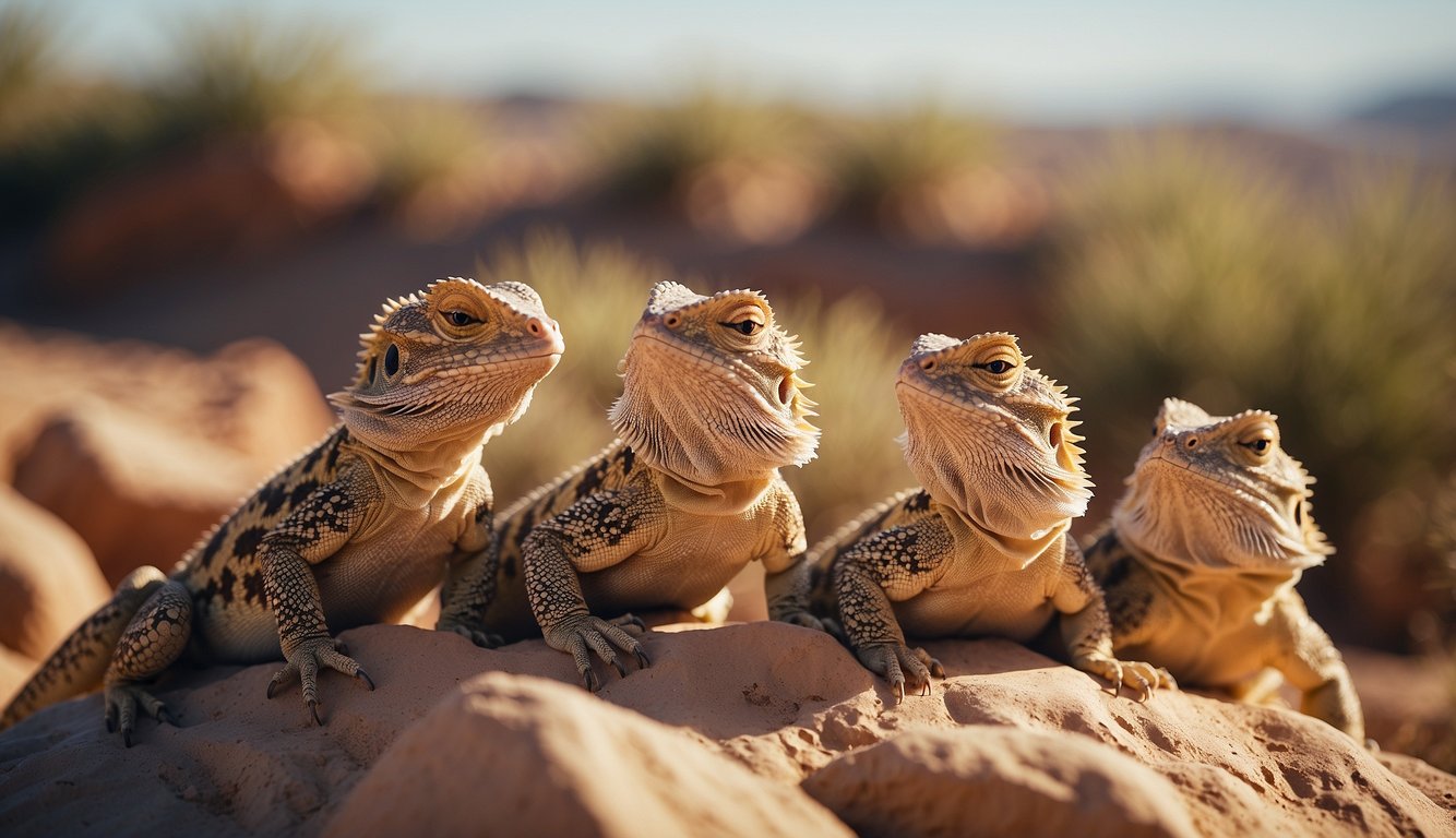 A group of bearded dragons basking on sun-baked rocks, blending into the desert landscape.

Sand dunes and sparse vegetation in the background
