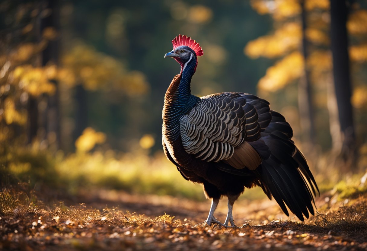 A wild turkey struts proudly through a sun-dappled forest, its feathers shimmering with iridescent hues. It stands tall, symbolizing abundance and gratitude in Native American culture