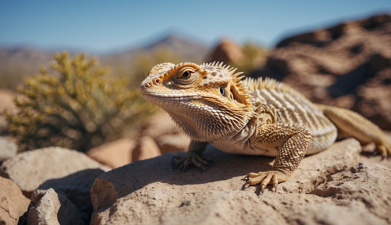 A bearded dragon basking on a rocky desert terrain, with sparse vegetation and a clear blue sky overhead